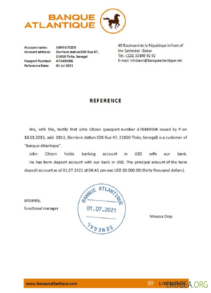 Sénégal , Banque Atlantique , reference